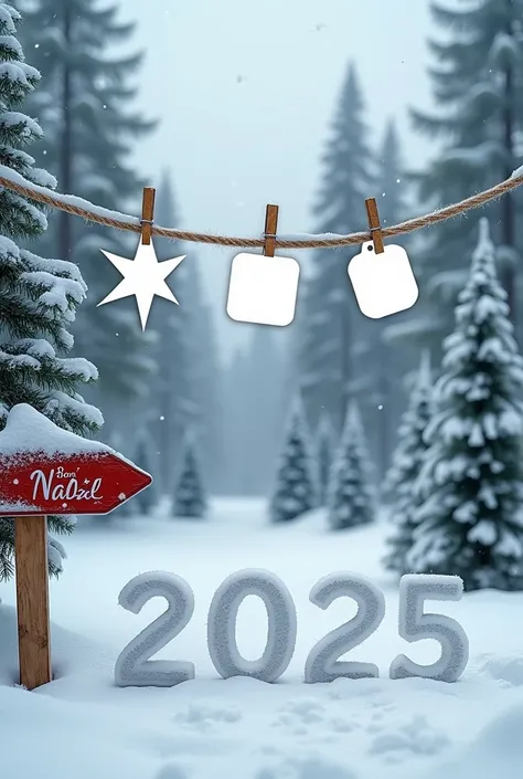  Create an image of a snowy landscape with fir trees full of snow ,  with a Christmas touch ,  with a rope that crosses the image from side to side with 3 labels with large Christmas shapes in white to place a text or a photo taken with tweezers to this ro...