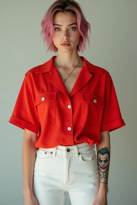  hyperrealistic photo of a 23-year-old ,  hair cut gradient ,  eyebrow made ,  925 silver cord 70grams ,  red Nike blouse , short da Oakley jeans branco, Kenner slipper ,  joker tattoo on the arm  