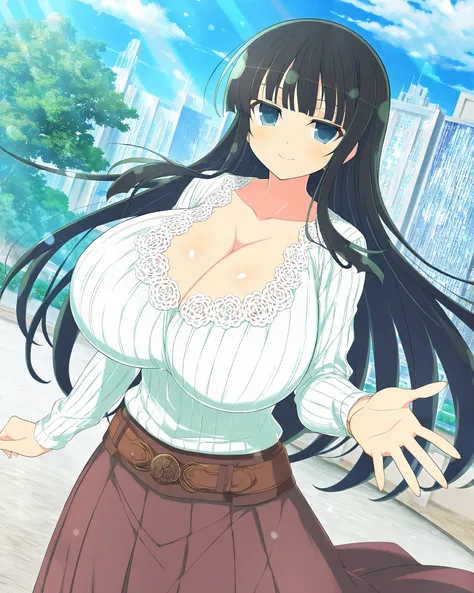 masterpiece, best quality, anime art style, Official Art, yaegashi nan(artist), perfect eyes, detailed eyes, perfect face, perfect hair, detailed hair, shiny hair, beautiful character design, 1 girl, alone, Ikaruga (Senran Kagura New Link), black hair, blu...