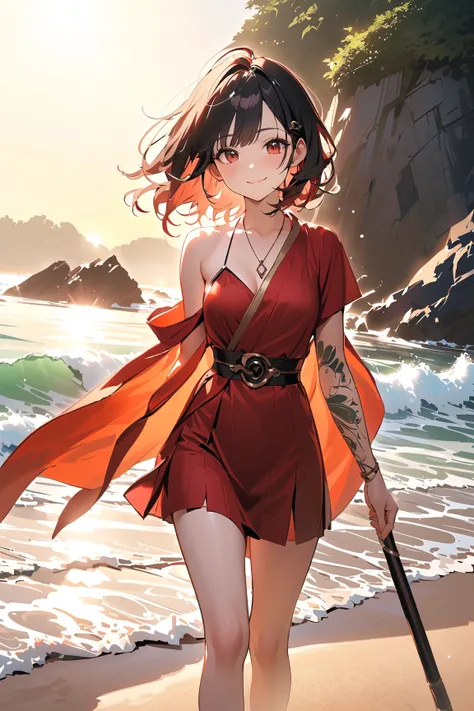 1 girl, (cute face), teenager, various hairstyles, (serene expression), (smiling softly), medium breasts, slim, (wearing fantasy game style mage robe), knee length, (porcelain skin),  
BREAK  
Coastal shoreline, gentle waves, (walking along the beach:1.2),...