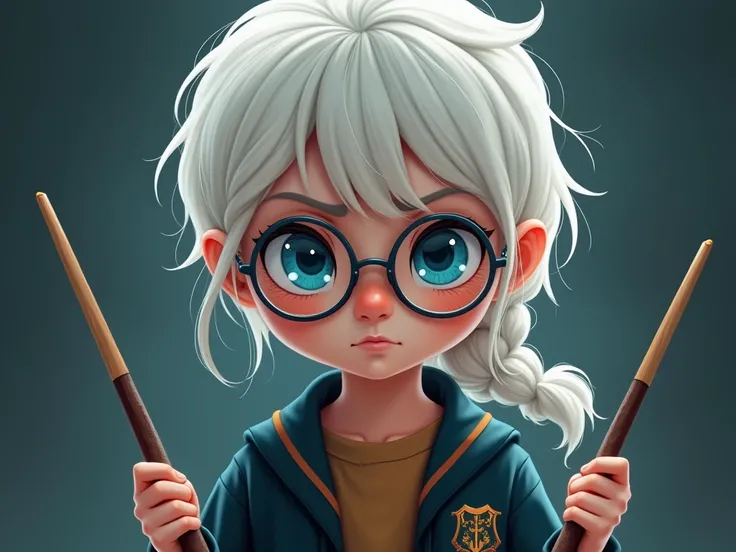  Girl, Harry Porter Themed Lashireen House Student, White Single Braided Hair and Blue Eyes, Framed Eyeglasses, Salithrin House Student Dress Holding Magic Wands Cartoon Eye Symbol ,  intense emotions projected in the eyes, 