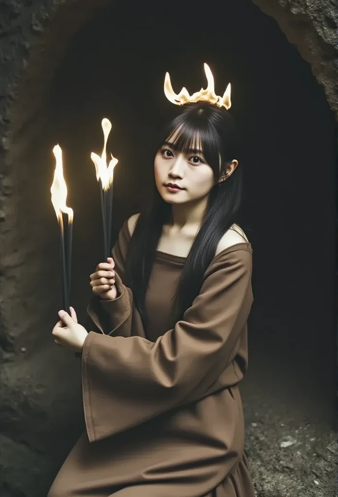 ( top quality , masterpiece),  ( 1 girl, Alone, Brown Robe, expression,  from the public eye ,  sitting,   wide sleeve ,  dark eyes,   Closed Mouth , Ribbon-shaped fire on head,  long hair,  cowboy shot), ( Monochrome , Night sky at the cave entrance , Lig...