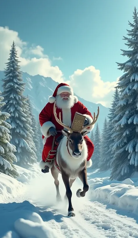 A realistic mini book is mounted on the back of a reindeer, Santa Claus costume,  and running through the snow with lots of Christmas trees  , 8k Photo , cinematic