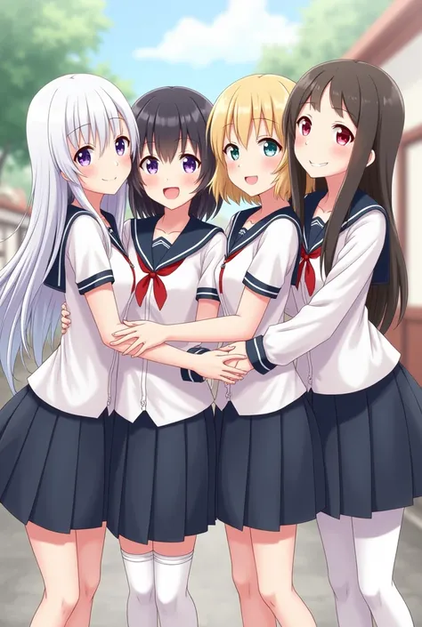 girl number 1 will have long white hair and purple eyes, girl number 2 will have short black hair and blue eyes, girl number 3 will have short blonde hair and pink eyes, girl number 4 will have long black hair and green eyes. The 4 of them are hugging each...