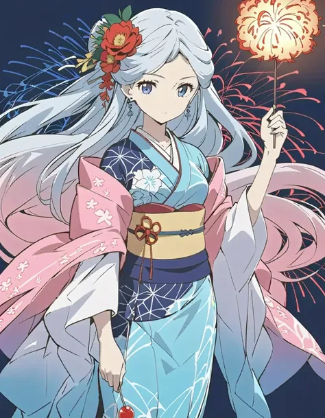 (((Best quality))),((Ultra-detailed)),((illustration)),((frilld)),(1 girl),(Solo), 1girl,Aqua aerial fireworks,blue kimono,candy apple,closed mouth,earrings,fireworks,floating hair,floral print,flower,food,full body,goldfish,hair flower,hair ornament,hand ...