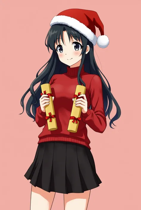  Asian Style、 Korean Style Idol 、 1 cute girl ,  My hair is long black hair  、 The hem of my hair is wavy       、   My hair is parted in the middle  、 Im wearing a red high neck sweater  ,      Im wearing a Christmas hat 、 I have crackers in my hands 、 Im ...