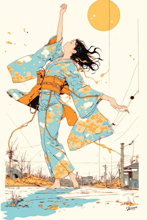 A woman in a yukata dances brilliantly barefoot,Millerball ,Im plummeting to the ground , poster art, Screen Printing Poster,  graphic novel cover art ,  graphic details ,  promotional artwork , Poster illustration, Illustrated poster, By Jens Sondergaard ...