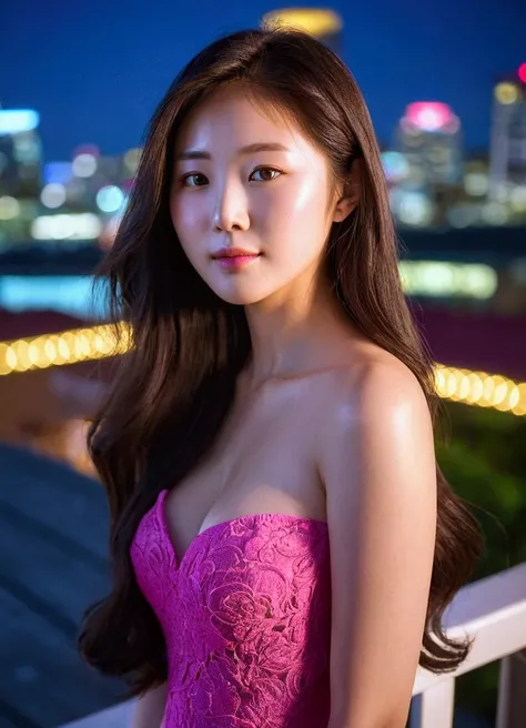  Araf woman in a dark pink dress, Standing on the deck ,  Photograph with good light ,  beautiful South Korean girl , มี Glowing Portland skin , Chinese girl, Glowing Portland skin  ,  Asian girl,  8K Art Germ Bokeh,  Beautiful Korean girl , Black hair,  E...