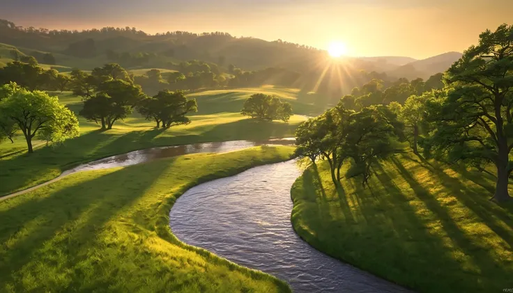 A stunning, high-resolution image captures the essence of a serene landscape. The sun sets in the horizon, casting a warm golden glow over the rolling hills, while majestic trees stand tall and proud. The foreground features a gently flowing river, with de...