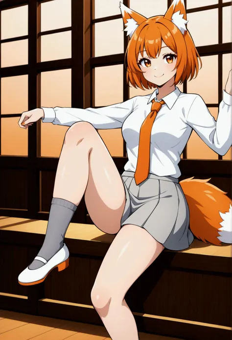 A Kemonomimi Fox girl with a beautiful face, Orange beautiful eyes, Orange hair, short hair, cute fluffy Fox ears, Orange Tie, white Shirt, grey skirt, Long thigh high dark grey socks, cute japanese Shoes, smiling, Charismatic