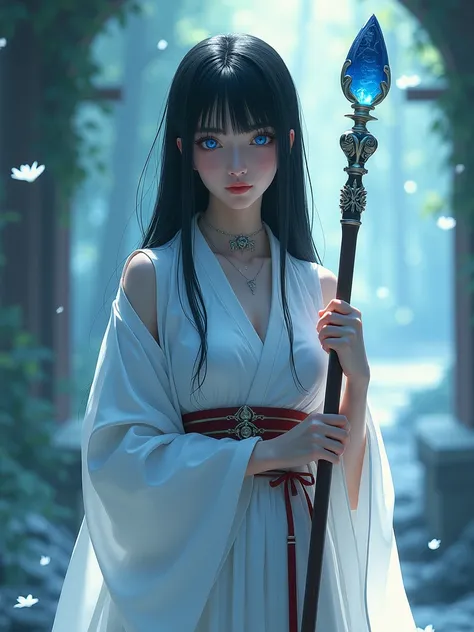 19-year-old Japanese girl, petite, slender build, 52", 32B bust, 34-inch hips, long straight black hair, ethereal blue eyes, smooth porcelain skin, wearing a modern, yet traditional-inspired priestess outfit (white kimono top with red accents, flowing skir...