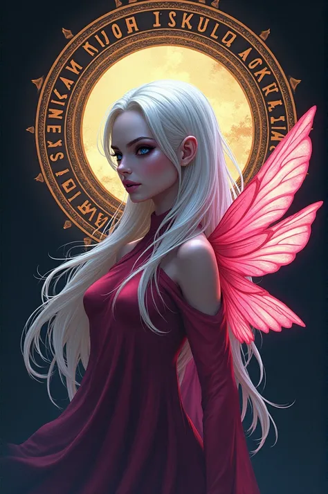 A logo of a female alien with white hair with a red fairy with pink wings next to her and written around it strength wisdom honor drink the cup in Aramaic 