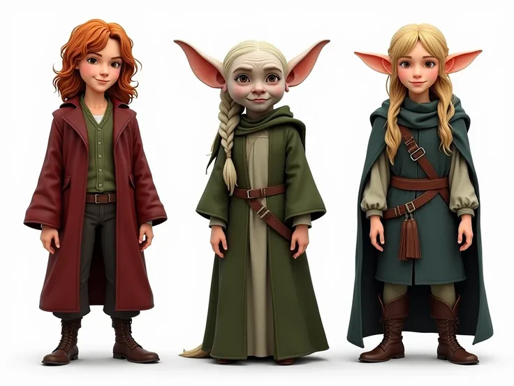 Hermione Granger from the harry potter movies, Dobby the elf from the Harry Potter movies, and Legolas from the Hobit movies. Make them look as true to their movie characters as possible. All white background.