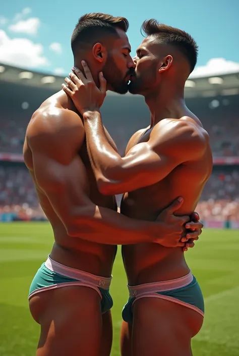 Two toned and muscular gay tanned men are wearing thong underwear. They are kissing in football stadium. Make photo very realistic and brighter