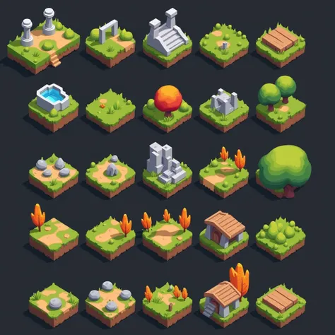 Isometric，Top view， cartoon style ，2d line drawing , a set of different low polygon game elements，Rounded structure，Stylization， includes a set of mountain rocks ，A maple tree ， stone rockery ，Cylinders，Buildings in ruins ，board， autumn leaves ，dilapidated...