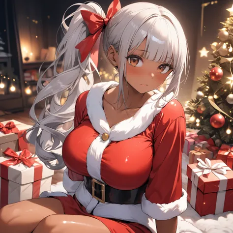 ((dark skinned female:1.3)),  brown eyes, Intricate Details,  Beautiful Detailed Face , santa costume, watching viewers,  silver Hair , (side ponytail hair:1.3),  blunt bangs , huge chest, hair ribbon, tan skin, gleaming skin, shiny skin, embarrassed, livi...