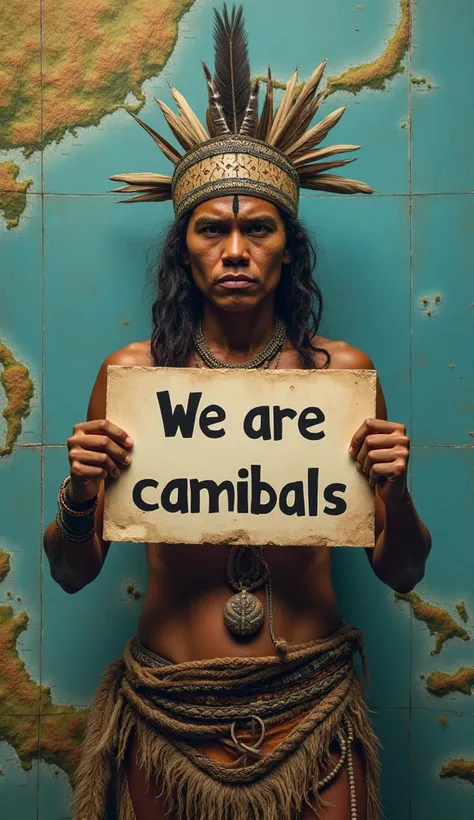 An AI generated Map of Papua New Guinea then add the image of 1 tribal person in proper visible face holding a sign board with "We are Cannibals" in bold letters 