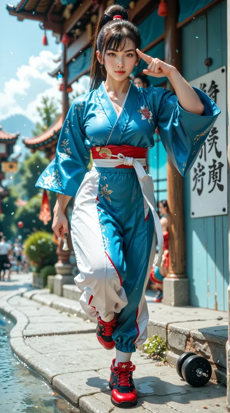 Depth of Field，panoramic，Full body shot，Realistic Portraits， exquisite facial features，Perfect face，  black nails  ，（  clearly visible lines ），（sunburned skin  ）、（ oily skin ）、（steam）， panoramic，full body shot，Female martial artist ，high ponytail， fit Kung...