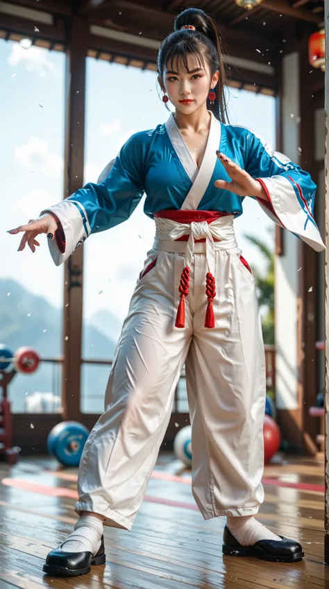 Depth of Field，panoramic，Full body shot，Realistic Portraits， exquisite facial features，Perfect face，  black nails  ，（  clearly visible lines ），（sunburned skin  ）、（ oily skin ）、（steam）， panoramic，full body shot，Female martial artist ，high ponytail， fit Kung...