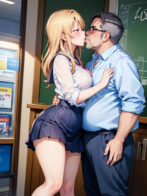 ( One Girl ,  fat middle-aged men who commit crimes until morning:1.2),   white shirt,  miniskirt, , ({{kissu), (),  office,  very detailed,  high definition , 4K, masterpiece,  high definition 、( my clothes are see-through :1.2)、Big Breasts, Knee High Soc...