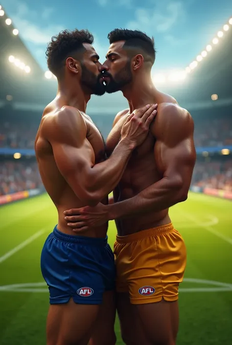 Two toned and muscular gay brazillian men are wearing small afl football shorts with afl logo. They are kissing in football stadium. Make photo very realistic and brighter