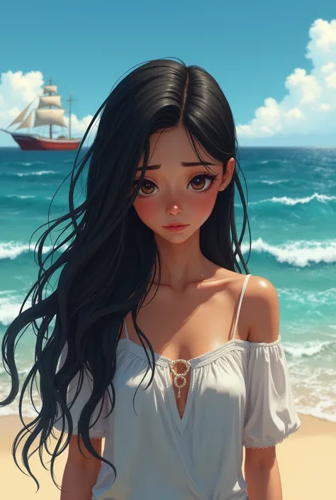  A beautiful girl with black hair and brown skin,on the beach,crying when she sees a ship on the high seas 
