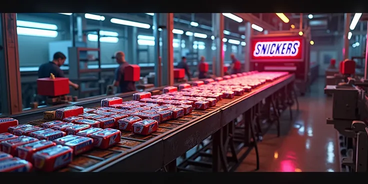 A bustling Snickers factory captured from an aerial perspective, showcasing conveyor belts packed with freshly wrapped Snickers bars and branded Snickers boxes neatly stacked in rows. The factory is illuminated by dramatic neon lighting in rich chocolate a...