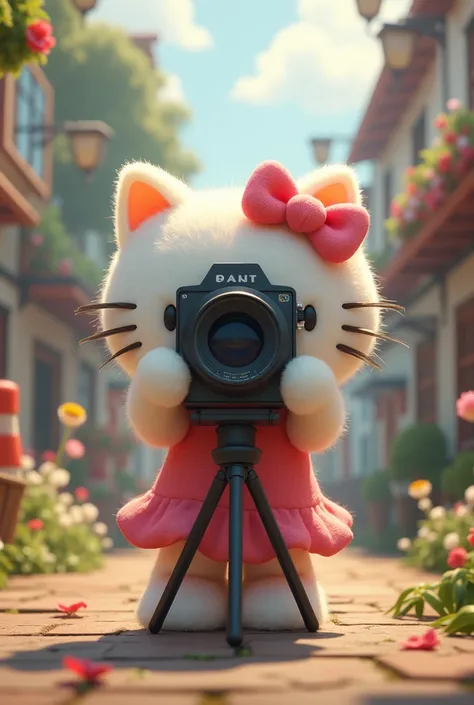 Hello Kitty shooting a film with her camera in her hand