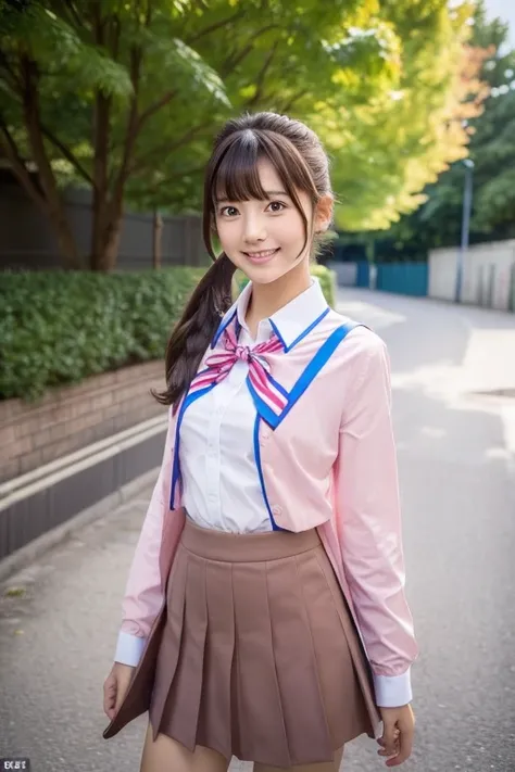 (super real:1.6), (best quality:1.6), (8k:1.4), (super detail:1.4), (1girl), ( Japanese Girl), ( pink uniform blouse), (brown uniform skirt ), (front view the girl), ( small tits), (flat chest), ( brown ponytail), (bangs), (very cute smile), (Japanese girl...