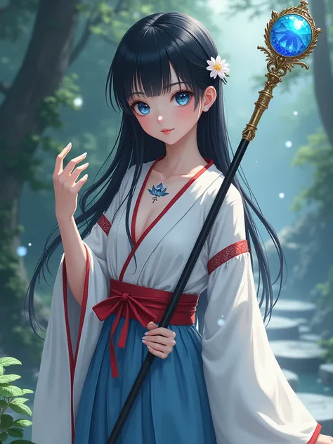 "19-year-old Japanese girl, petite, slender build, 52", 32B bust, 34-inch hips, long straight black hair, ethereal blue eyes, smooth porcelain skin, wearing a traditional priestess outfit (light blue hakama pants, white long-sleeve kimono top with red acce...