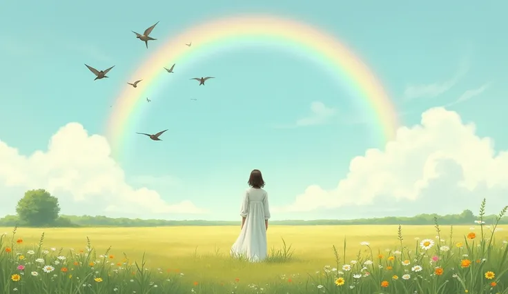 Spring prairie, sky with a slight rainbow over it, back view of a woman wearing white long-sleeved clothes looking at the sky, several birds