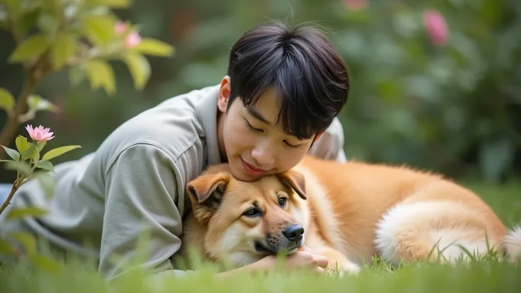 Handsome korean guy sitting with cute dog happily Photo