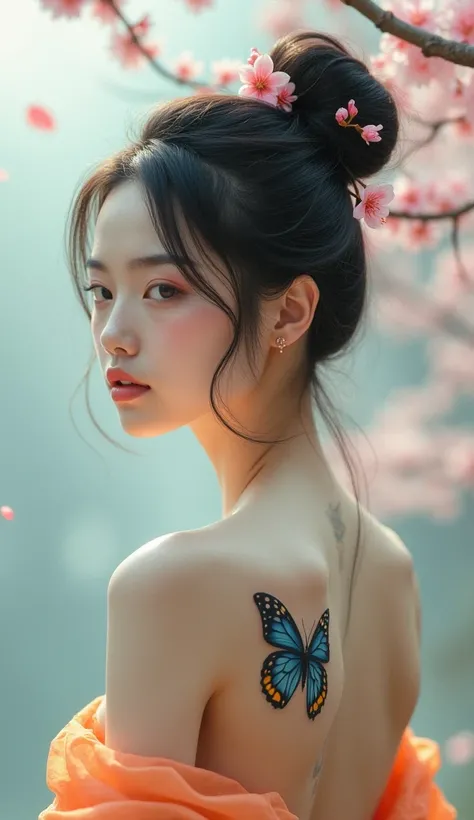 The image of a beautiful Japanese Thai girl with a delicate face and white skin on her hips is revealed by a tattoo of a butterfly in blue, black, yellow and cherry blossom that blends perfectly with her skin. She has dark hair tied in an elegant bun adorn...