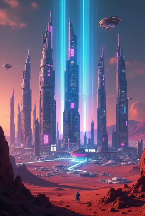 Futuristic Mars city with ships and flying cars and super modern glass buildings with neon LEDs in the buildings and in the back and just above a prominent and futuristic hologram with the name TOP CEL