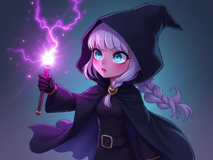  girls, white single braid and blue eyes, black dress, black robe, black hood, black boots, black gloves, holding magic wand, look mysterious, scary, trade search, cartoon, symbolic eye,  intense emotions projected in the eyes, Purple light around 