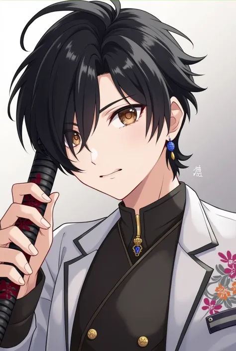  black hair,  split bangs,  handsome,anime,anime,  smiles,  high definition model,  brown eyes, Center-Parted Bangs,anime風, Frame,  sword,Strongest Sword ,砂糖顔 handsome,blue earring,On the right arm(red、 orange 、 pink、Grey Bouquet )Tattoo,Cool Background, G...