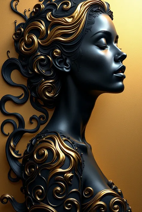 black and gold abstraction ,fractal, beautiful black and gold relief of a girl,  beautiful wall in golden black divorces , Black, , golden,  designer minimalism , beautiful.