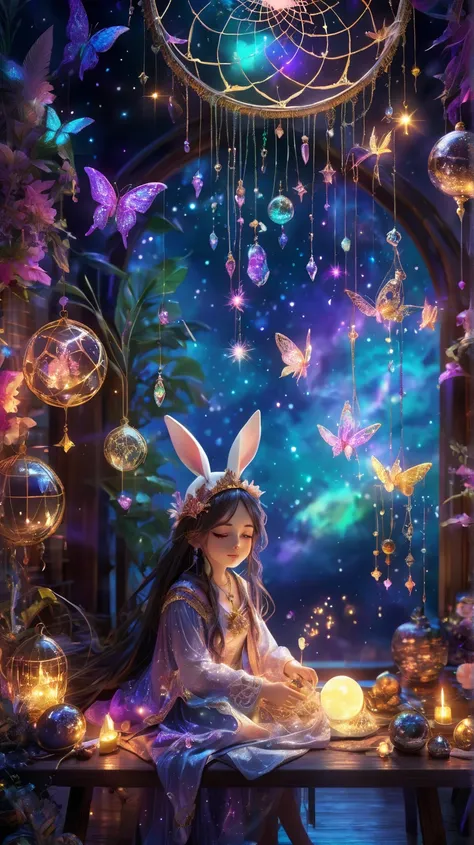 Magical witchs dream workshop, bunny-eared apprentice weaving dream catchers, floating constellation threads, sleeping cloud spirits, crystal dream orbs, glowing butterfly dreams, detailed celestial patterns, soft starlit atmosphere --ar 9:16 --stylize 100...