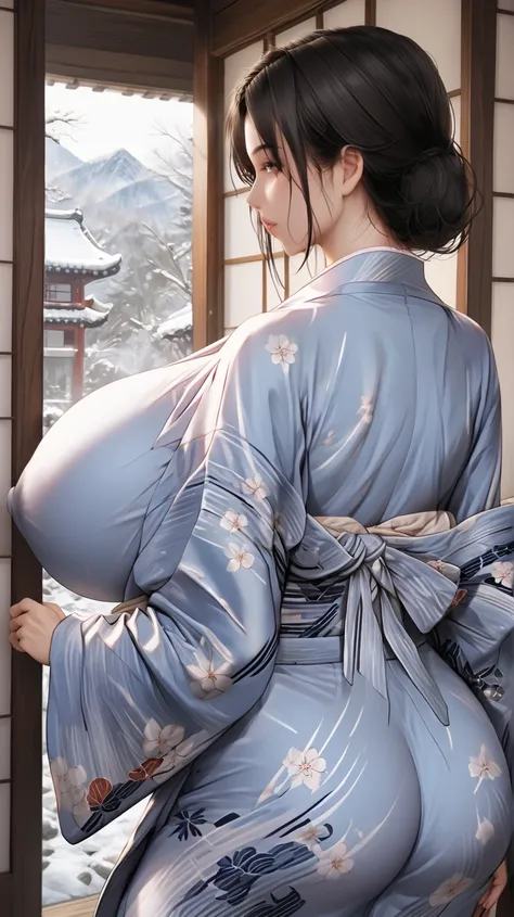 japanese mature woman wearing Japanese Yukata, cowboy shot, covered gigantic breasts, braless, covered nipples, back view