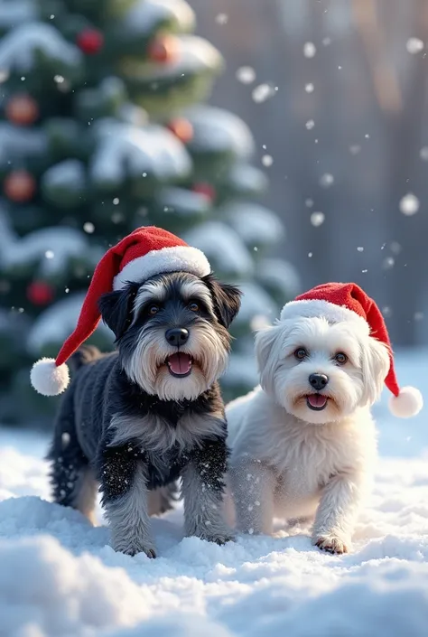    A short haired black Schnauzer and a smaller white Maltese Bichon than the Schnauzer. adults.    With Santa Claus hats on their heads   .  Theyre playing in the snow  .    Behind them is a Christmas tree   . They have happy faces   .   realistic  .