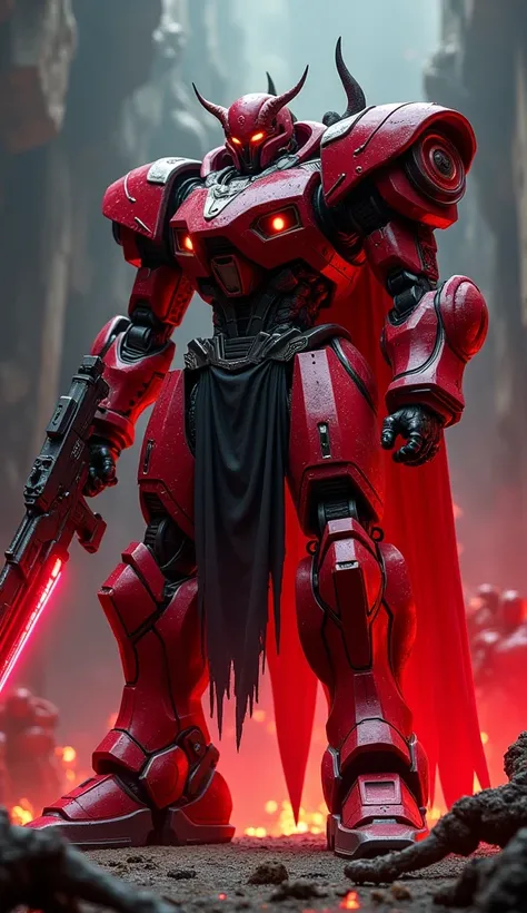 A massive warbot inspired by Dante features red and black armor with silver accents, matching his stylish look. It wields a glowing demonic sword in one hand and a firearm in the other, with neon red light illuminating its form. The warbot stands in a dark...