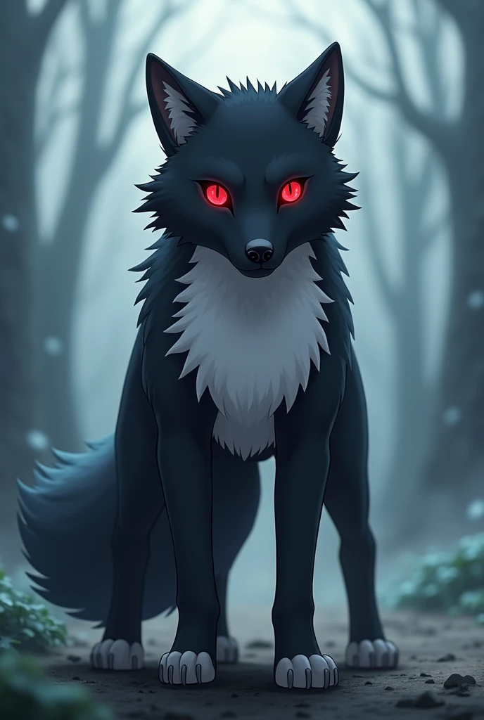 
Make a young black wolf with a white breast, With a red eye for the anime Naruto