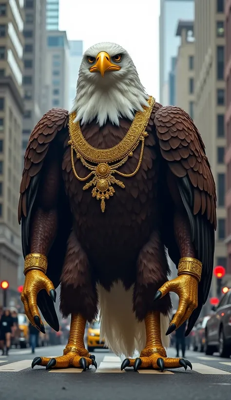 Giant human like mutant bald eagle wearing gold jewellery in city of America new yourk standing near public