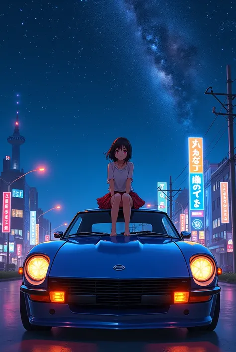 Draw anime-style ,  a girl on top of a 400z in this in Tokyo ,  on a very beautiful and starry night with colorful retro wave-style plate lights 