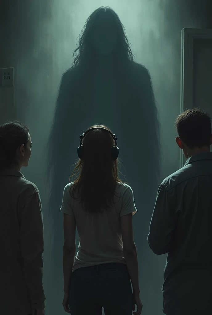 Generate the image of a young woman who is alone , She wears headphones ,  standing in front of the psychologist with her parents and a shadow of a woman behind her back, Grim and horror themed environment 