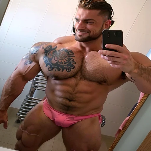  arafed man in pink thong taking a selfie in the bathroom mirror,  muscular body  tattooed, sexy  muscular body ,  fitness model ,  muscular body ,  very muscular, bodybuilder,  muscular build ,  bodybuilder masculino muy en forma y extremadamente musculos...