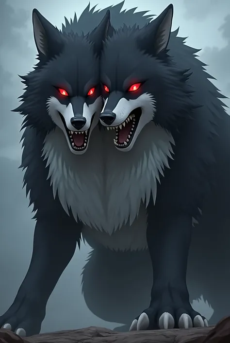  make a giant wolf with two heads, black with white breast , With a red eye for the anime Naruto