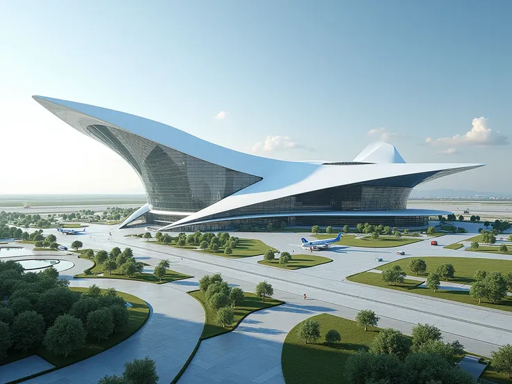 Create Architectural Design Concepts of ultral-modern airport, with runway, plan hungers an`d many aminities