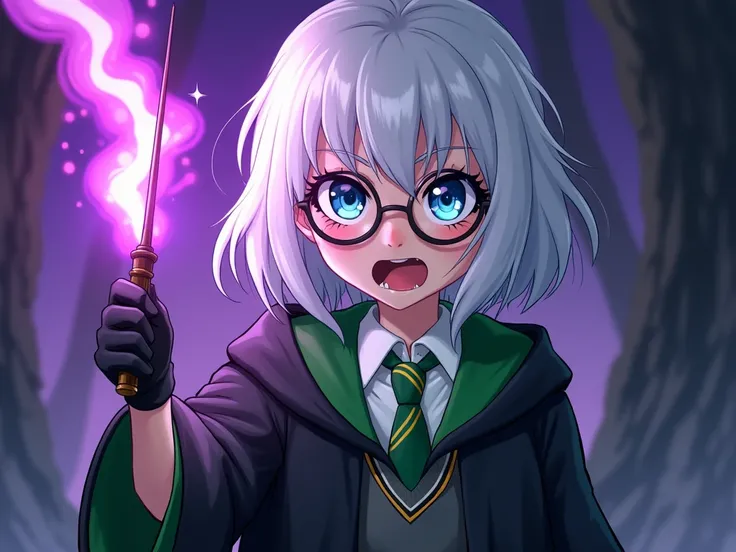 Girl, single hair, white hair and blue eyes, framed glasses, Harry Porter theme, Slytherin house, schoolgirl, Slytherin house, schoolgirl, black robe, green edging, green tie, wearing black gloves, holding magic wand, looking mysterious, scary, trade searc...