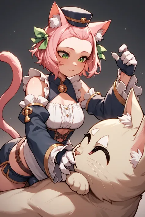 zzDiona, green eyes, hair ribbon, pink hair, short hair, animal ears, cat ears, animal ear fluff, cat girl, short hair, bangs pinned back, hat, forehead, detached sleeves, long sleeves, gloves, shorts, ( feline taur ) ,(feline futanari penis) , ( feline ge...